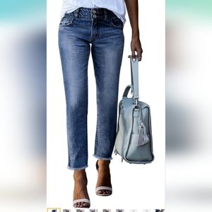 High waisted jeans with raw hem. Light blue. New without tags